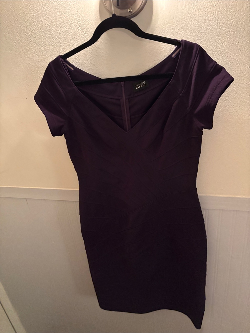 Adrianna Papell Deep Purple V-Neck Bandage Sheath Dress